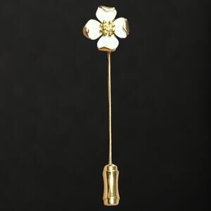 Trifari Vintage Dogwood White Enamel Flower Gold Tone Stick Pin